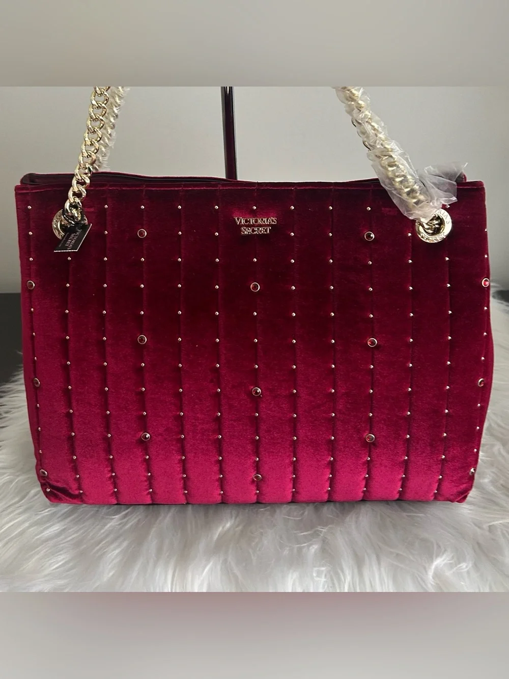 Victoria’s Secret Burgundy Velvet Tote Bag Gold Chain Shoulder Purse